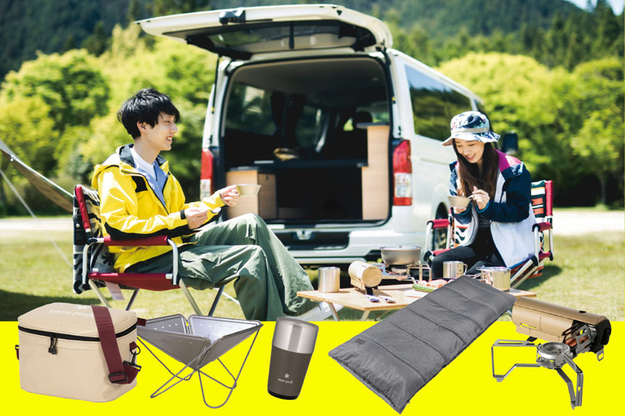 キャンピングカー&スノーピークグッズ展示 愛媛トヨタで取り扱うキャビンのカスタマイズカーの実車展示や、おす
